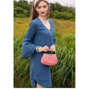 120% Lino Linen Dress Sz 38 XS Blue Tunic‎ Bell Sleeves Lagenlook
